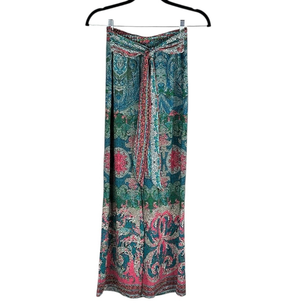 Tyche Colorful Mosaic Pattern Vacation Flowy Pants with Front Tie Size Small - Picture 2 of 7